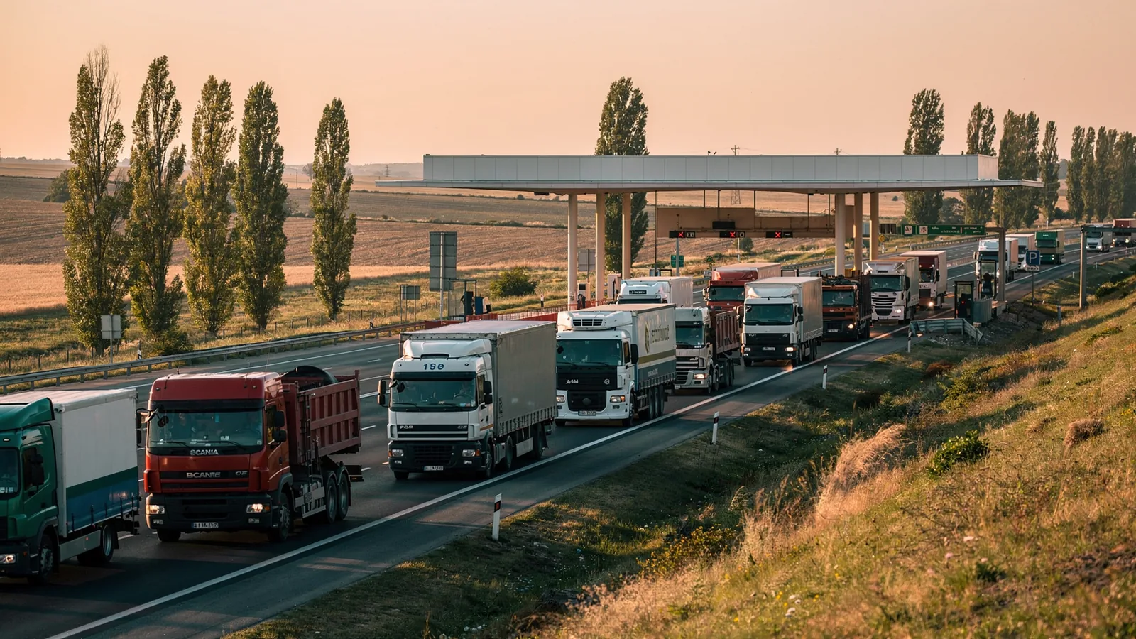 Kolona teretnih vozila na autocesti pred natkrivenim graničnim prijelazom u ravnici